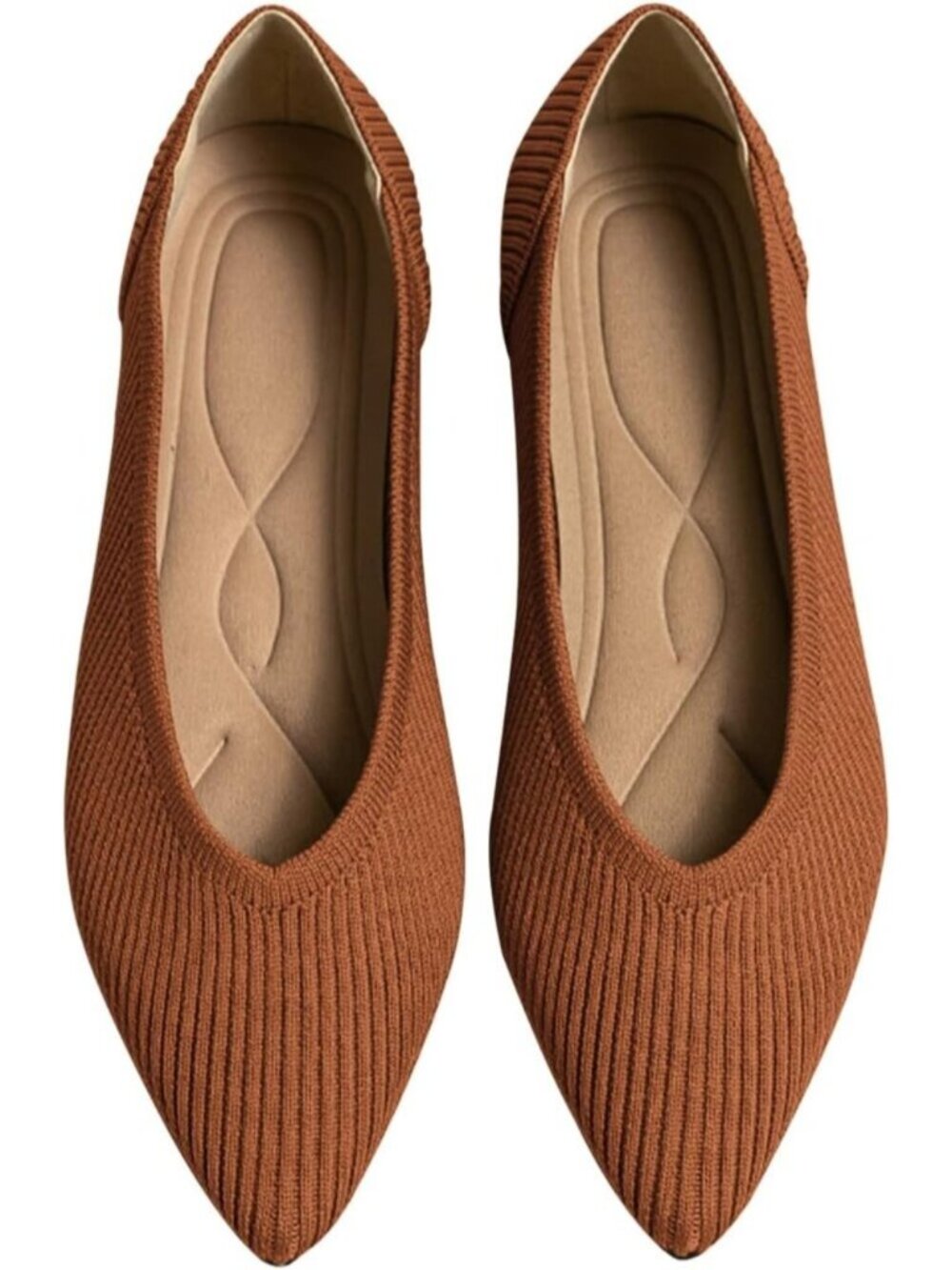 Women's Brown Knit Pointed Toe Ballet Flats Comfort Rubber Slip On Shoes